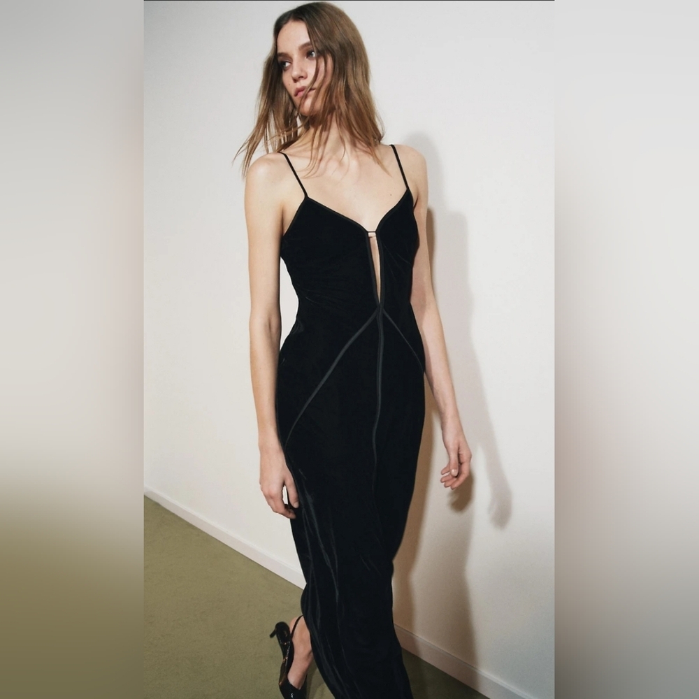 Zara Velvet Strappy Dress Women's  Medium Black Midi